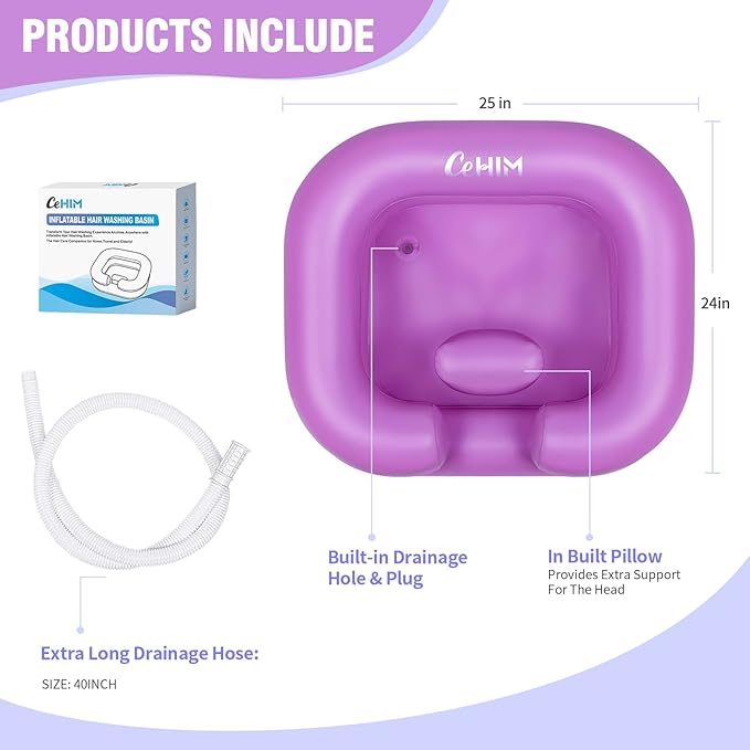 Inflatable Shampoo Basin - Portable Shampoo Bowl, Hair Washing Basin for Bedridden, Disabled,Injured, Hair Wash Tub for Dreadlocks and at Home Sink Washing (Purple)