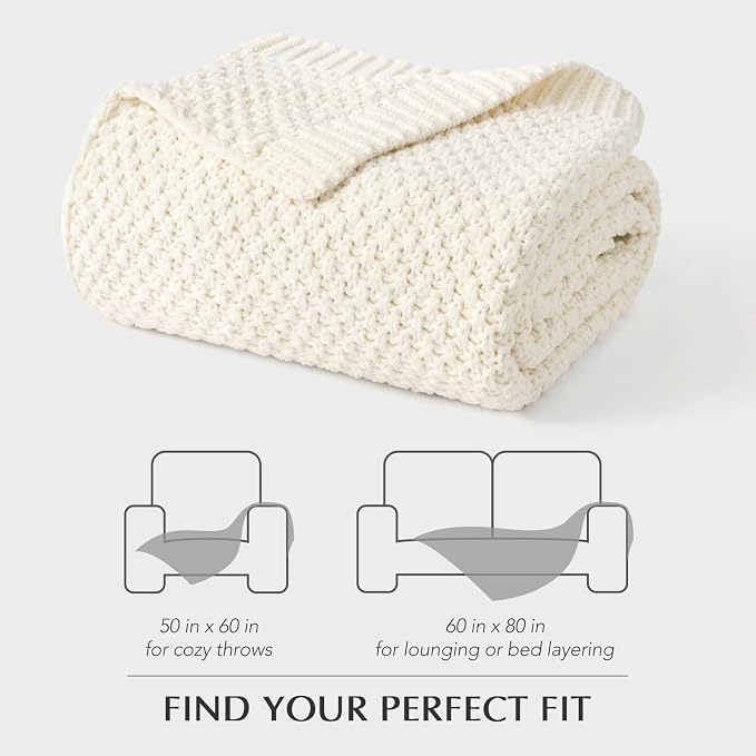 EVERGRACEHOME Chunky Chenille Knit Throw Blanket, 50 x 60, Ivory White | Sculpted Moss Stitch, Chic Modern Farmhouse, All-Season Warmth, OEKO-TEX® Certified, Elegant Blanket for Couch, Bed, Sofa