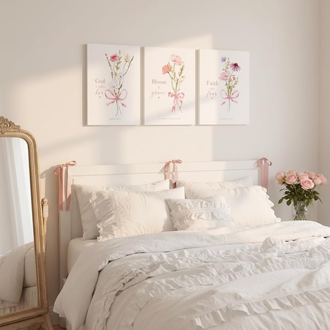 Baby Girl Nursery Wall Art Set of 3 Pink Bow Floral Canvas Prints, Christian Bible Verse Nursery Decor, Cute Flower Posters Pictures with Scripture for Girls Room Bedroom Framed 16x24 Inch