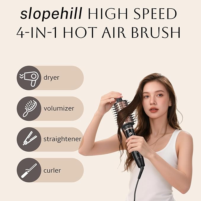slopehill 6X High Speed Hair Dryer Brush Blow Dryer, 50m/s,1600W &100000RPM Fast Drying,Straightening,Volumizing&Curling, Hot Air Blowout Brush with 2 Interchangeable Oval Brushes,8 Modes Less Frizzy