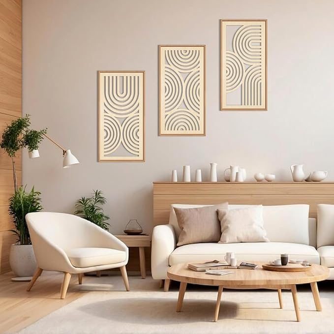IARTTOP Boho Wooden Framed Wall Art Set of 3 Mid-Century Modern Wood Wall Decor Minimalist Natural Bohemian Home Decor for Living Room Dining Room Office