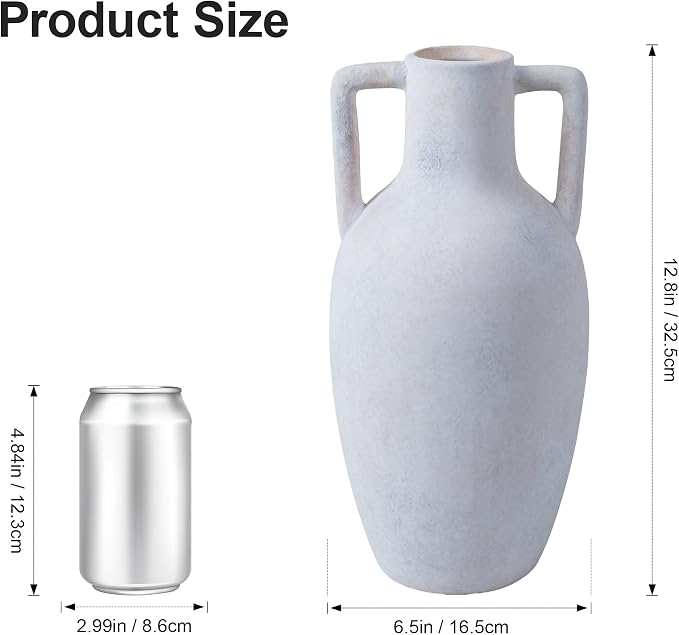 Ceramic Flower Vase with Handles, 12.8 inch Tall Ceramic Vase Farmhouse Rustic Vases Decorative Pottery Vases Large Floor Vase for Home Decor Living Room Table Bookshelf Centerpiece Fireplace, White