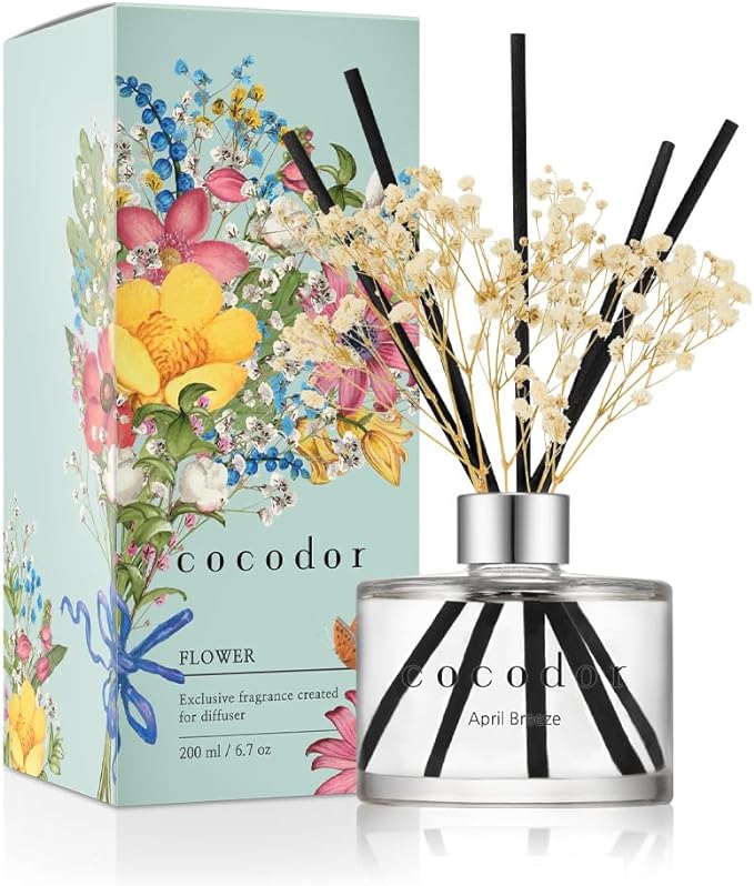 COCODOR Reed Diffuser Set with Preserved Baby's Breath with Sticks/April Breeze / 6.7oz / Scent Fragrance Oil Diffuser for Bedroom Bathroom Home Decor