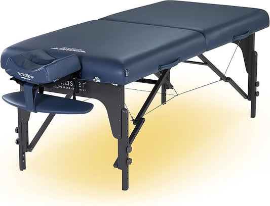 Master Massage 31" Extra Wide Montclair Pro Memory Foam Portable Massage Table Package in Royal Blue with Reiki and Ambient Lighting System