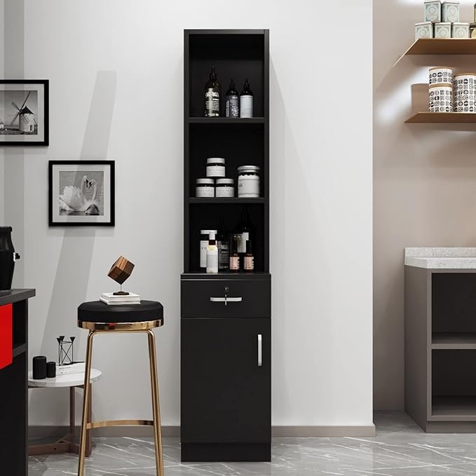 Paddie Wall Mount Salon Stations for Hair Stylist, Hair Salon Storage Cabinet Beauty Barber Stations w/Lockable Drawers/Storage Cabinet, 13.4" L x 70.1" H(Black2)