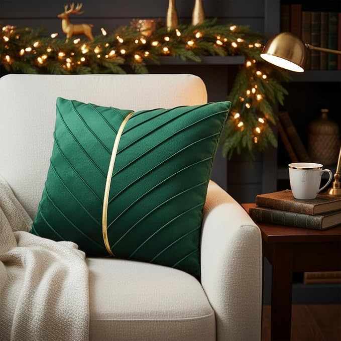 Velvet Throw Pillow Covers 16x16 Pack of 2 Gold Decor Dark Green | Soft Solid Pillow Covers,Modern Luxury Xmas Decor,for Couch Chair Sofa Bedroom Livingroom,Hidden Zipper,Ideal Gift,Easy Care