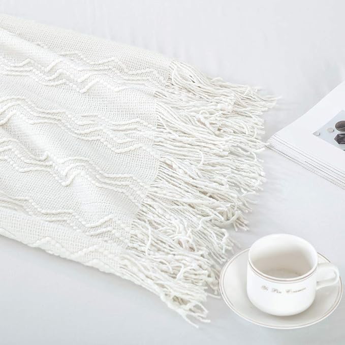 BOURINA Off White Throw Blanket 60x80Inch Boho Knit Soft Throw Sofa Blanket | Knitted Throw Blanket 60x80 Inches, Soft Lightweight Boho Weave Throw Decorative Couch Blanket for Living Room Bedroom Chair