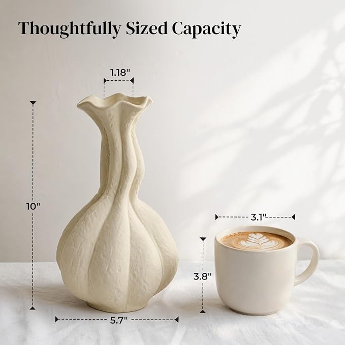 DOWAN 10 Inch Ceramic Vase for Flowers, Tall Warm White Decorative Vase with Narrow Neck, Modern Sculptural Flower Vase for Table, Entryway and Mantel Decor