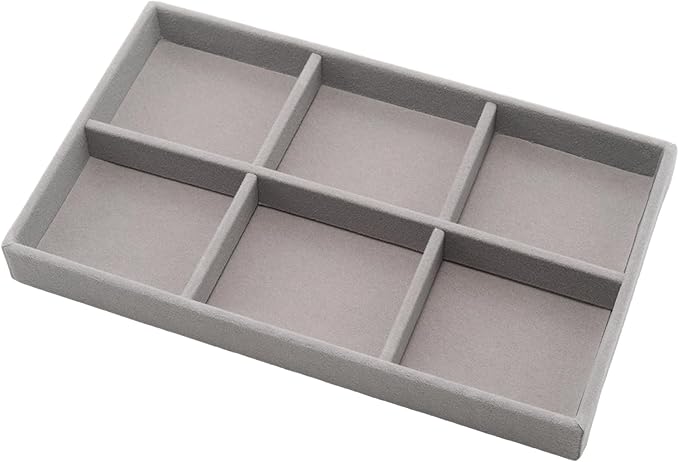 Velvet Jewelry Organizer Trays Gray 6 Grids | Stackable Jewelry Storage Display Tray with Removable Dividers for Drawer Dresser Cloest