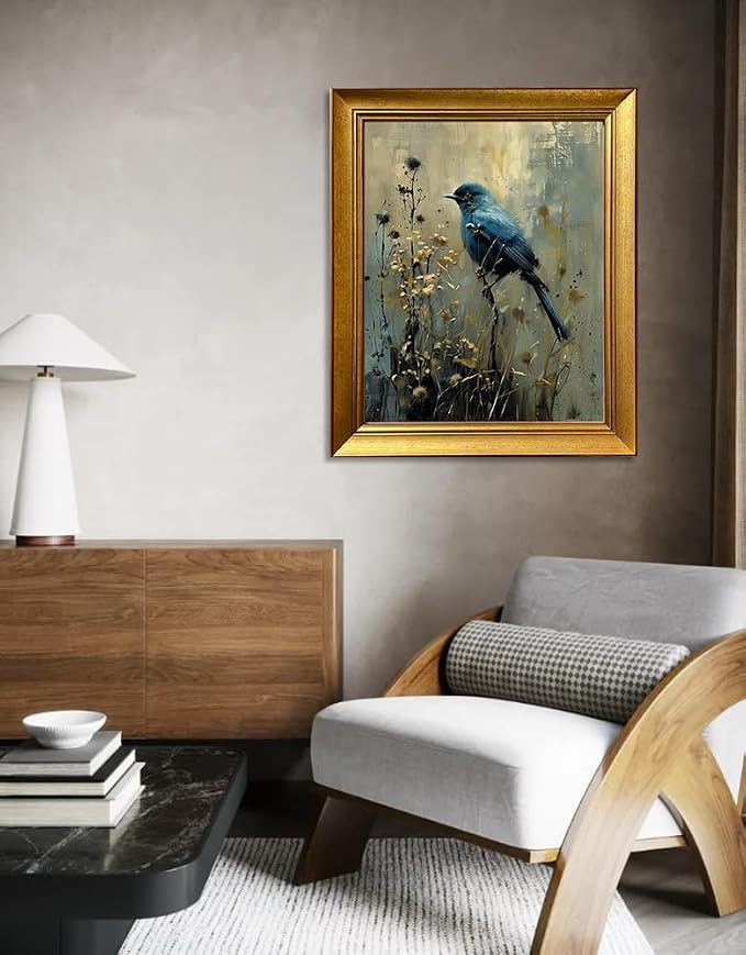 Vintage Blue Bird Canvas Print Gold Framed Wall Decor Dark Cottage Core Farmhouse Wall Art Academia Gothic Aesthetic Moody Botanical Woodland Oil Painting Artworks for Bedroom Living Room Decor
