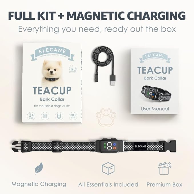 Teacup Bark Collar for Small Dogs 2-15lbs - No Shock Humane Anti Barking Collar with Vibration & Beep - Ultra Light Tiny Dog Bark Collar for Toy Breeds, IP67 Waterproof, Magnetic Rechargeable (Black)