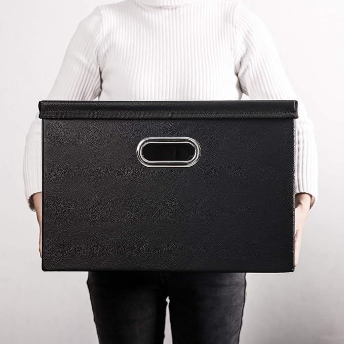 Large Foldable Storage Bins with Lids [3-Pack] Leather Fabric Collapsible Storage Boxes Organizer Containers Baskets Cube with Cover for Home Bedroom Closet Office Black(17.7x11.8x11.8)