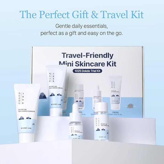 ROUND LAB 1025 Dokdo Hydrating Mini Size Kit (Cleanser, Toner, Ampule, Cream), Deep Hydration for Dry Skin, Daily Skin Care Routine Trial Kit for Moisture Care, Travel Size Gift Set, Korean Skin Care