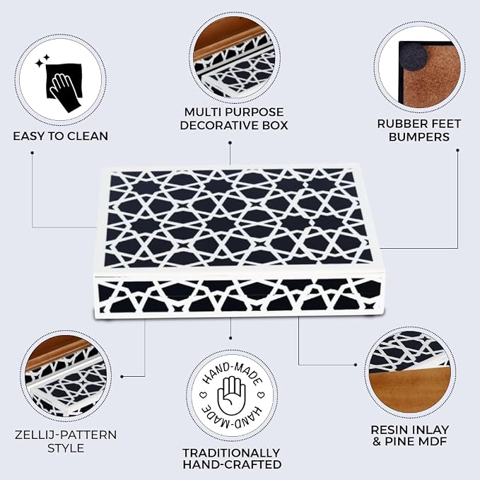 Handicrafts Home Decorative Storage Box with Lid, Black and White Moroccan Zellij Decorative Remote Control Box, Slim Coffee Table Storage Box for Shelf, Desk & Living Room Decor, Zellij 8 x 6 x 1.5