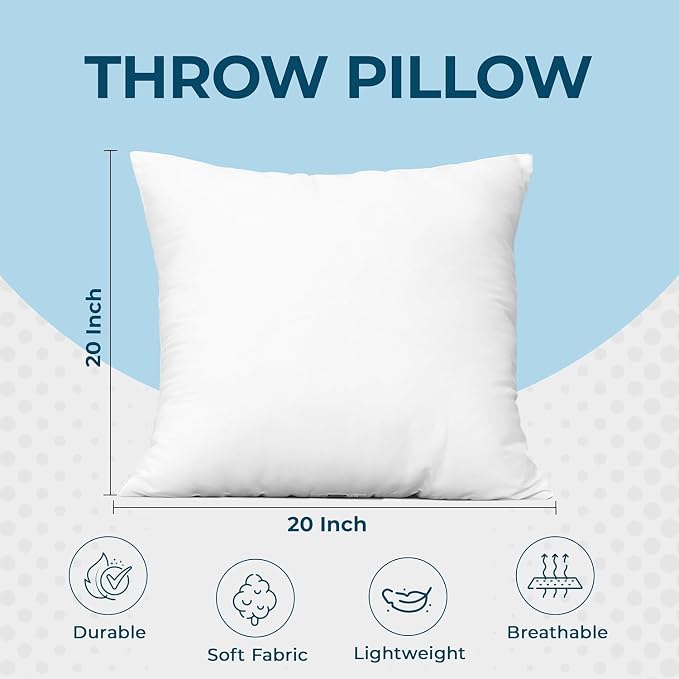 Utopia Bedding Throw Pillows, 20x20 Pillow Inserts, Pack of 1, White | Down Alternative Throw Pillow Inserts, Couch Pillows for Indoor Decor, Plush & Supportive, Decorative Cushion for Sofa, White