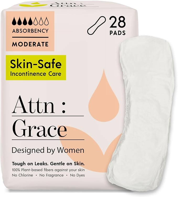 Attn: Grace Moderate Incontinence Pads for Women, 4-Pack (112 Pads Total / 28 per Pack) - Plant-Based, High Absorbency, Breathable - Incontinence Pads for Moderate Bladder Leaks & Sensitive Skin