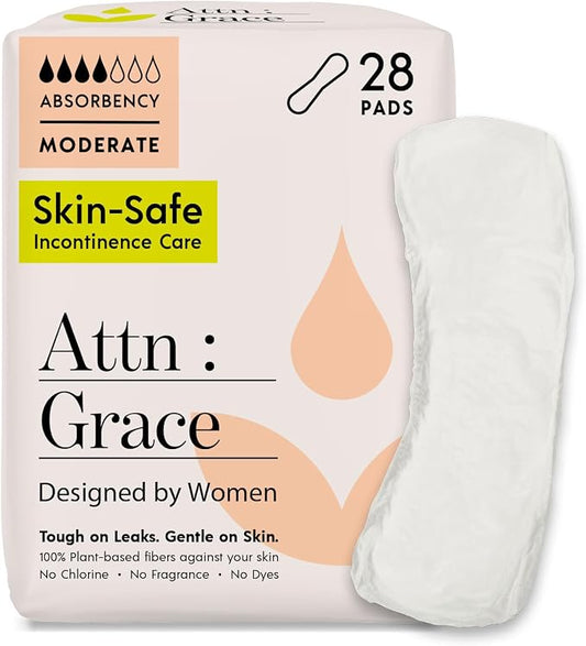 Attn: Grace Moderate Incontinence Pads for Women, 28-Pack - Plant-Based, High Absorbency, Breathable - Incontinence Pads for Moderate Bladder Leaks & Sensitive Skin