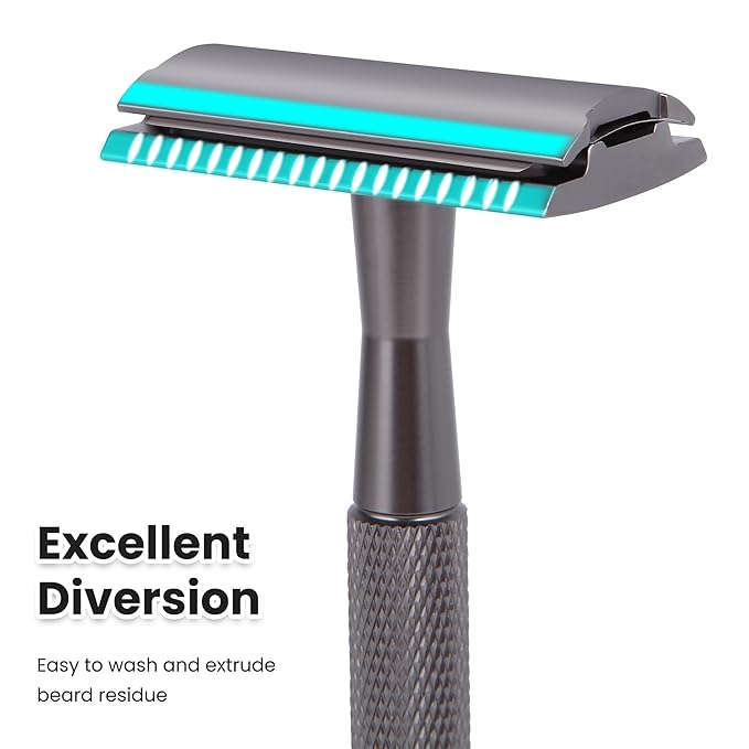 Keropy Double Edge Razor With Stand and 10 Premium Stainless Steel Blade Safety Razors For Men Shaving Razor, Matte Black Double Edge Safety Razor, Gun Black