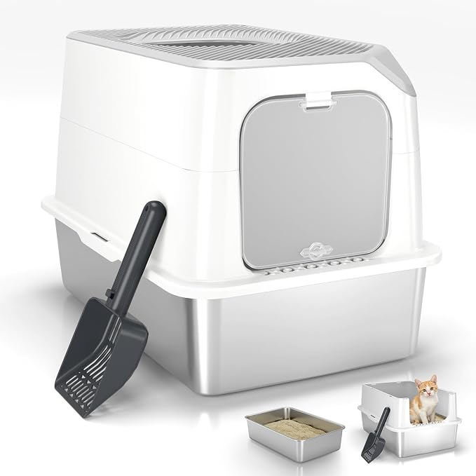 Enclosed Stainless Steel Litter Box with Lid for Most Adult Cats | 50% Thicker Metal, Dog Proof, Front & Top Entry, Leak-Proof Base, Scratch Resistant, Easy Clean