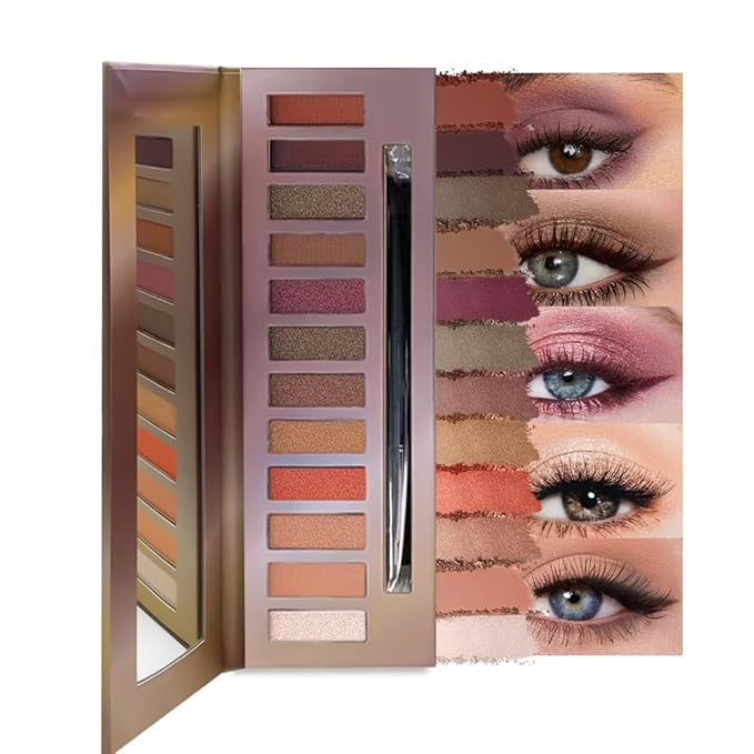 12 Colors Highly Pigmented Eye Shadow Palette Makeup Kit for Women, Nude Brown Peach White Purple Bronze Gold Eyeshadows, Matte Smoky Shimmery Metallic Shade Eyeshadow Palette Long-Lasting Waterproof