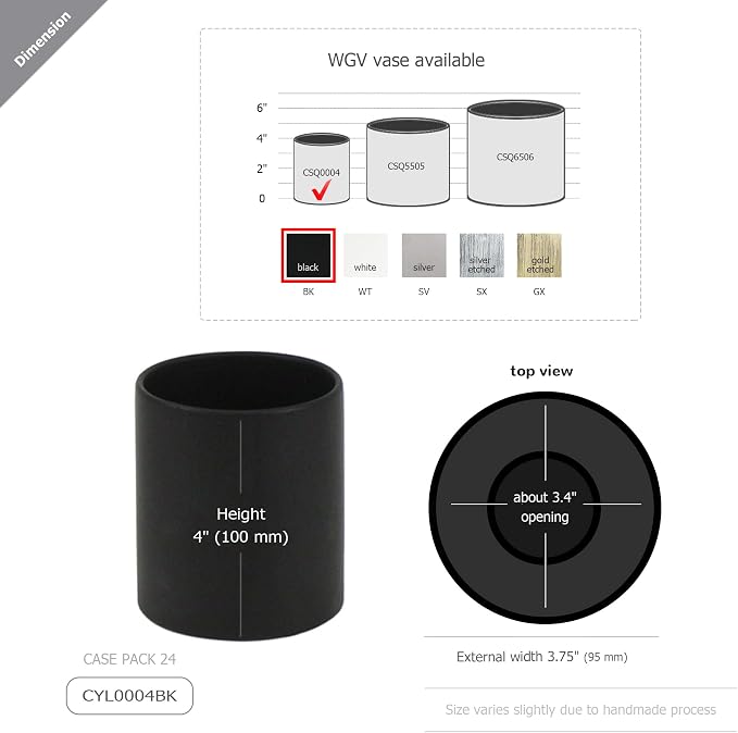 WGVI Matte Black Ceramic Cylinder Vase Width 3.75" Height 4", Flower Arrangements, Candle Holder, Terrarium Planter Pot, Storage Container Organizer, Pen Brush Holder, Centerpieces, 1 Piece