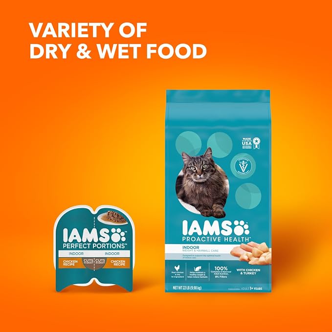 IAMS Proactive Health Indoor Dry Cat Food, Chicken & Turkey, 22 lb | Vet-recommended, Real Chicken #1 Ingredient, Proprietary Fiber Blend, Prebiotics for Healthy Digestion, Hairball Control