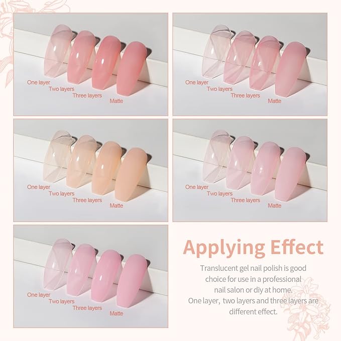 RARJSM Nude Gel Polish for French Manicure,Sheer Jelly Pink Gel Nail Polish Set of 6 Transparent Colors Clear Light Brown Pure White Neutral Nail Varnish LED UV Curing Requires 7.5ml for Home Salon