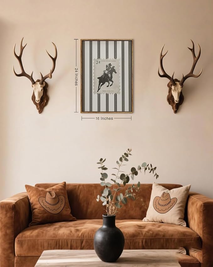 ZZLWBKGL Western Wall Decor Cowboy Canvas Art Bronco Framed Wall Art | Vintage Artwork Retro West Stamp Paintings Mid Century Bucking Aesthetic for Living Room Bedroom