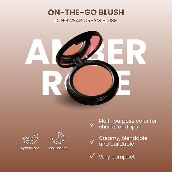 POISE Makeup HD Crème Lip and Cheek Compact | Long Lasting Cheek Blusher and Lip Stain Lipstick in One Hydrating for Skin Infused w/Shea Butter, AMBER ROSE