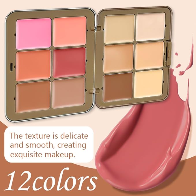 12 Colors Blush Palette, Colour Correcting Concealer Foundation Palette, 10 Makeup Brush Set, Highlighter Bronzer Contour Concealer Cream Matte Long Lasting Brightening Face Cosmetics