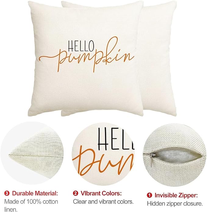 RABUSOFA Fall Pillow Covers 22x22 Inch Fall Decor for Home | Hello Pumpkin Lettering,Indoor Outdoor Use,Harvest Autumn Thanksgiving Decorations for Couch Sofa