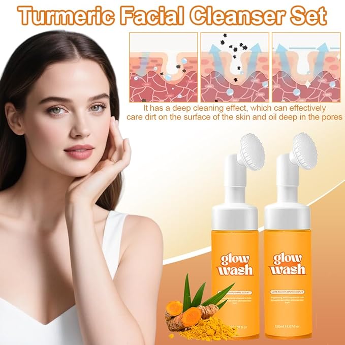 2PCS Turmeric Wash and Care, Turmeric Facial Wash and 60PCS Face Cleansing Pads, Cleansing Exfoliating Pads for Face & Body Natural Skincare