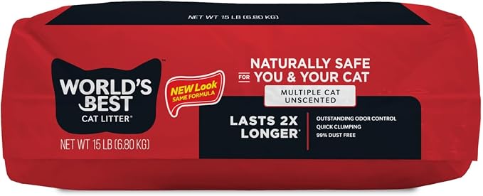 World's Best Cat Litter, Multiple Cat, Unscented, Odor Control, 15 lb Bag | Controls tough multi-cat odors and lasts 2x longer; natural corn litter, quick clumping, flushable, 99% dust free
