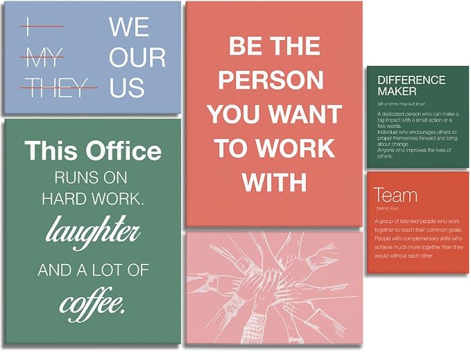 YEOION Motivational Office Wall Art,Inspirational Teamwork Wall Art for Office,Orange And Green Positive Teamwork Wall Decor for Workplace Set of 6