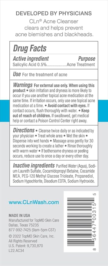 CLn® Acne Cleanser-Facial Cleanser with 0.5% Salicylic Acid to Eliminate Blackheads & Breakouts, Oil-Free & Fragrance-Free, 3.4 fl. oz. (Pack of 2)