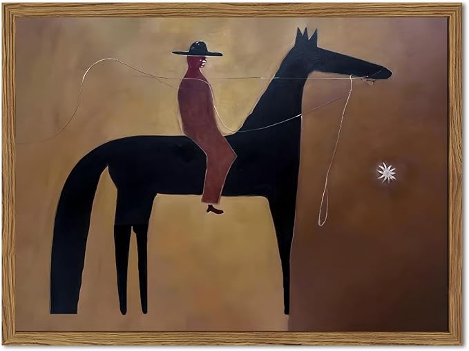 Vintage Western Cowboy Wall Art Abstract Southwestern Horse Wall Decor Painting, Mid Century Cowboy Poster Canvas Print Picture for Living Room Bedroom 16x24 inch Wood Framed