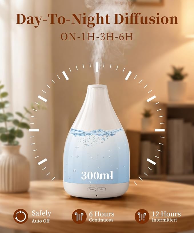 Essential Oil Diffuser for Large Room, Modern Stylish Aroma Diffusers Home Decoration, 12 Hours Cool Mist Ultrasonic Humidifier, Colorful Ambient Light & 1-3-6H Timer Off, White