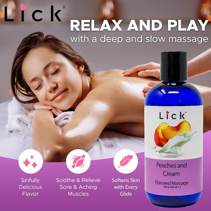 Lick Peaches and Cream Flavored Massage Oil – Sweet Dessert-Inspired Edible Massage Oil with Vitamin E, Smooth Body-Safe Glide for Couples Massage Nights, 8 oz