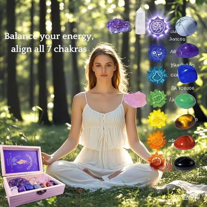 Large Premium Crystals and Healing Stones in Wooden Gift Box + Velvet Pouch + 7 Chakra Tumbled Gemstones+Info Guide, Amethyst Cluster，Rose Quartz ，Quartz Crystal Point