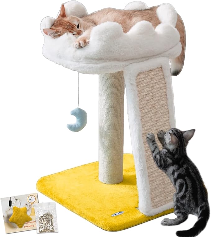 Cat Tree, Cloud Cat Tower with Soft Bed, Cat Scratching Post & Pad with Larger Perch for Window Viewing, Small Cat Tree with Cute Toys, Bonus Catnip