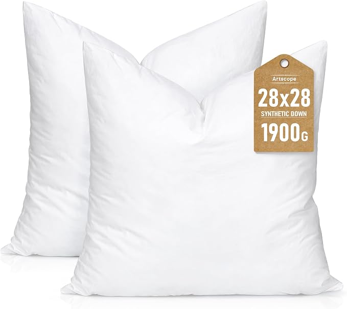 Artscope Synthetic Down Pillow Insert, 28x28 Throw Pillow Inserts Set of 2 | Down Alternative Ultra Soft Fluffy Sleeping Pillow, 100% Cotton Cover, Decorative Pillows-White