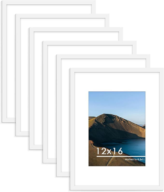 12x16 Picture Frame Set of 6, Wall Mount Display, White | Display Pictures 8.5x11 with Mat or 12x16 Without Mat, Horizontal or Vertical, Gallery Wall Frame Set, Wedding Birthday Gifts