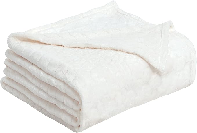 Fleece Blanket Textured Fuzzy Plush Throw Blanket Twin Size 60" x 80", Super Soft Fluffy Bed Blanket Geometric Pattern Comfy Microfiber Flannel Blankets for Couch, Bed, Sofa, Cream White