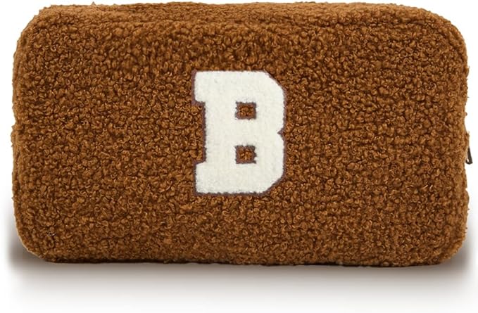 Cute Makeup Bag, Initial Cosmetic Bag, Fuzzy Makeup Bags for Women, Brown Makeup Pouch with Chenille Letter, Monogrammed Gifts for Women, Brown B