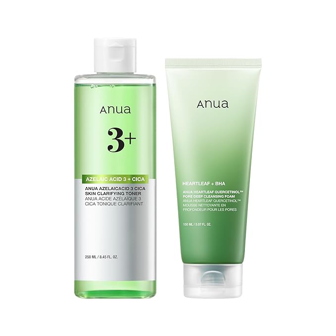 ANUA Pore Care Must-Have Duo, Heartleaf Quercetinol Deep Cleansing Foam & Azelaic Acid 3 CICA Skin Clarifying Toner, Pore Cleansing & Redness Care for Sensitive Skin, Korean Skincare