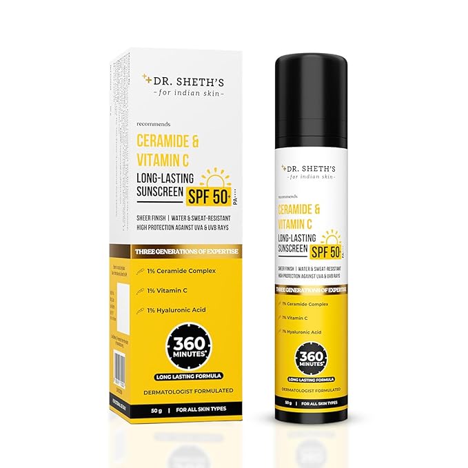 Dr. Sheth's Ceramide & Vitamin C Long lasting Sunscreen SPF 50+ PA++++ | Water & Sweat-Resistant | Non-Greasy & Quick-Absorbing | For Women & Men | 50g