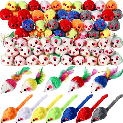 Syhood 120 Pcs Fur Mouse Cat Rattle Toys Bulk Small Catnip Interactive Play