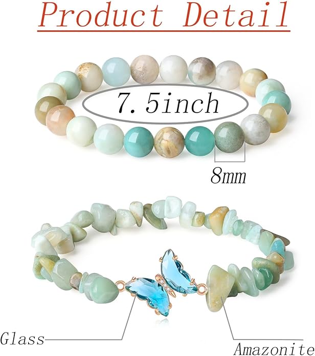 DUQGUHO 2Pcs Butterfly Bracelets for Women Healing Crystals Bracelets for Women Natural Gemstone Bead Bracelet Cute Butterfly Charm Bracelet Stretch 8mm Crystal Jewelry Gifts for Women