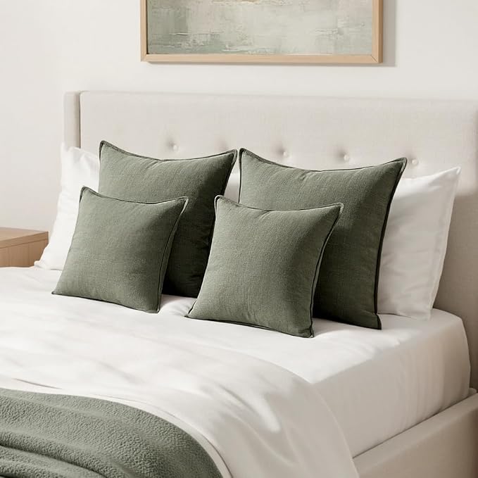 MIULEE Decorative Linen Euro Sham Pillow Covers 24x24 Inch Olive Green | Boho Farmhouse Neutral Couch Throw Pillows for Bed, Pack of 2 Accent Modern Pillowcases, Sofa Livingroom Home Decor