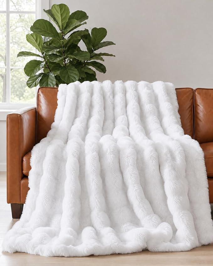 3D Fleece Bubble Blanket Throw Size - Rabbit Blanket - 50" x 60", White | Soft Fluffy Faux Fur Blanket for Couch Sofa & Chair, Cozy Gifts for Women, Tie Dye Cloud Throw Bed Cover, Thick Plush Bedding